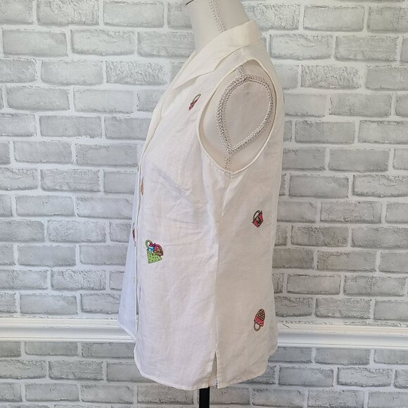 Richard Malcom Irish Linen Sleeveless Top Blouse Embroidered Baskets Coastal Med - Picture 4 of 7